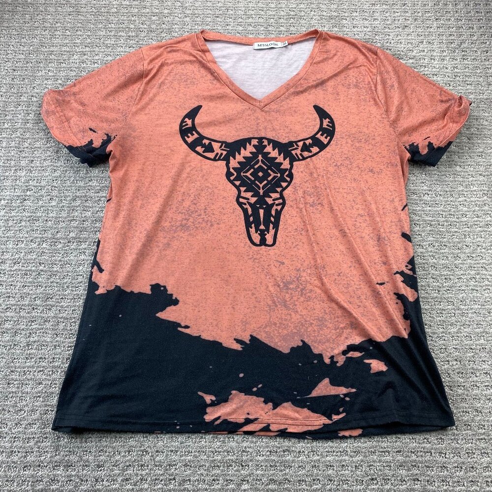 MISSLOOK Shirt Women Size 3XL Orange Bull Graphic Print V-Neck T-Shirt